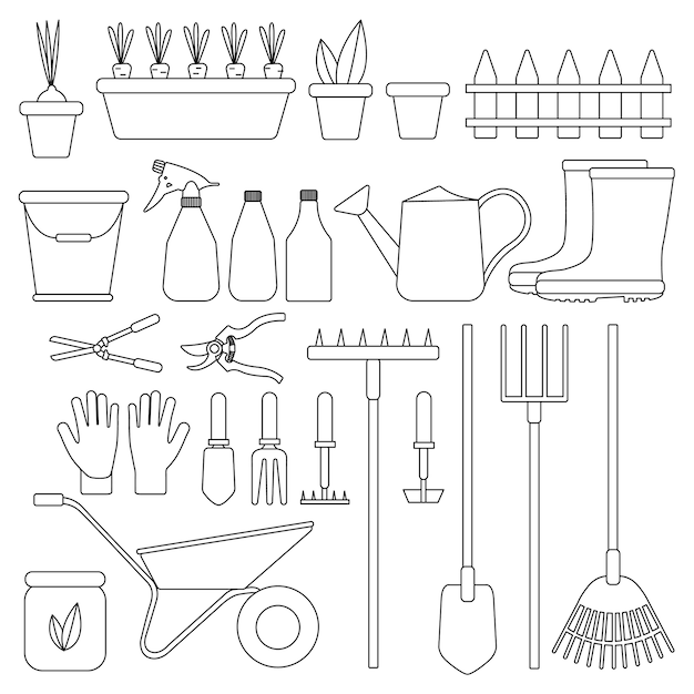 Set di attrezzi da giardino isolati. strumenti per l'agricoltura. illustrazioni di design piatto di oggetti senza riempimento. annaffiatoio, pala, secchio, guanti, ecc.