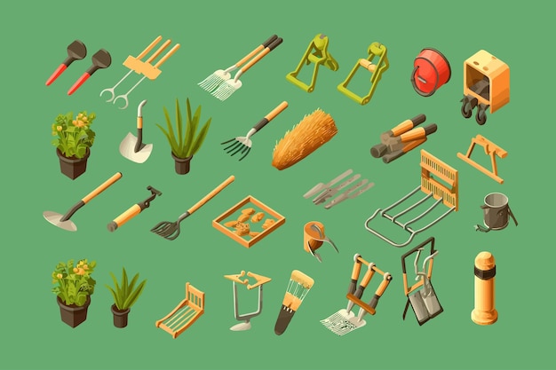 Vector set of garden tools vector cartoon flat elements isolated on background