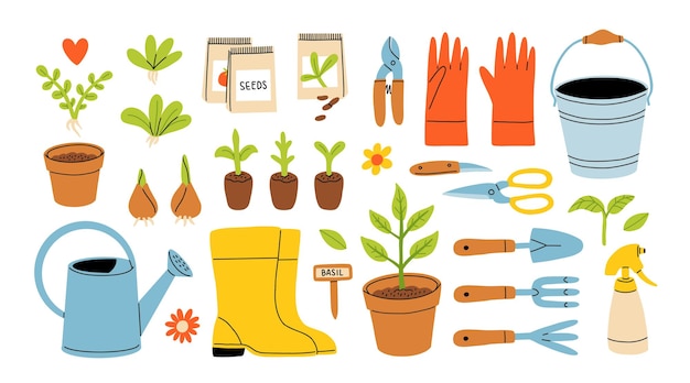 Vector set of gardening items in hand drawn cartoon style various agricultural and garden tools for spring