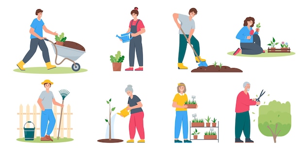 Vector set of gardening people gardeners or farmers working in park or garden