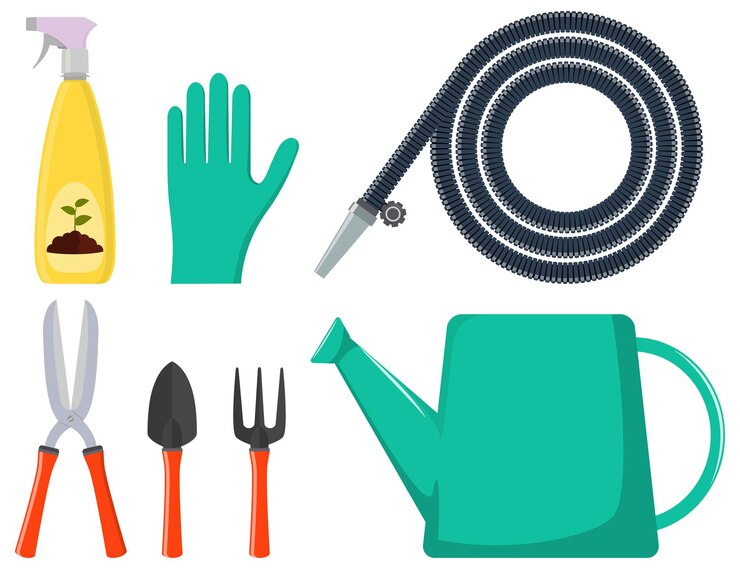 Vector set of gardening tools watering can garden hose spray gun gloves pruner shovel rake
