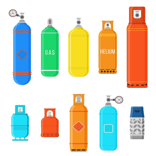 Set of gas cylinders in flat design equipment for safe butane and propane oxygen balloon vector