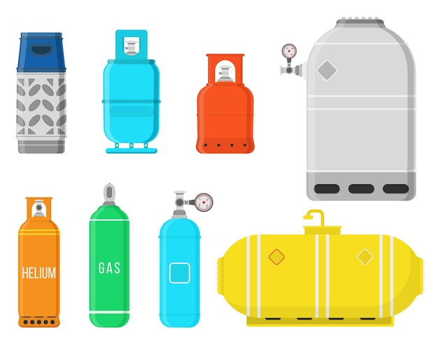 Set of gas cylinders in flat design equipment for safe butane and propane oxygen balloon vector
