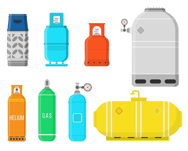 안전한 부탄 및 프로판 산소 풍선 벡터를 위한 평면 설계 장비의 가스 실린더 세트