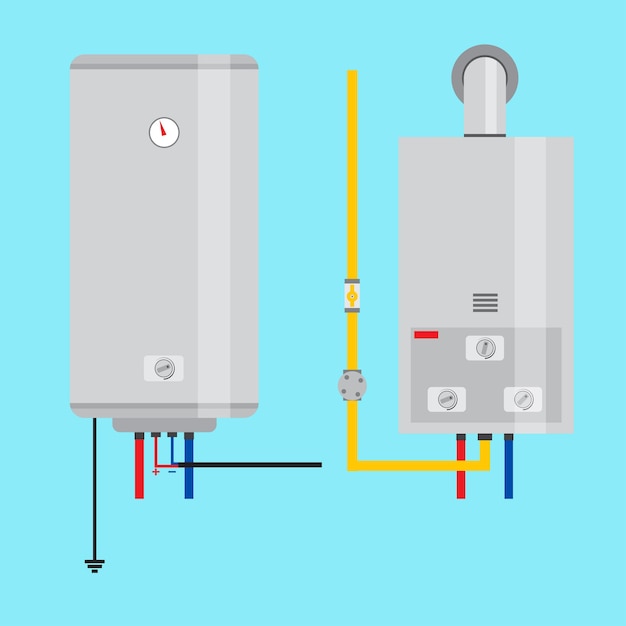 Vector set of gas water heater and electric water heater flat icon for