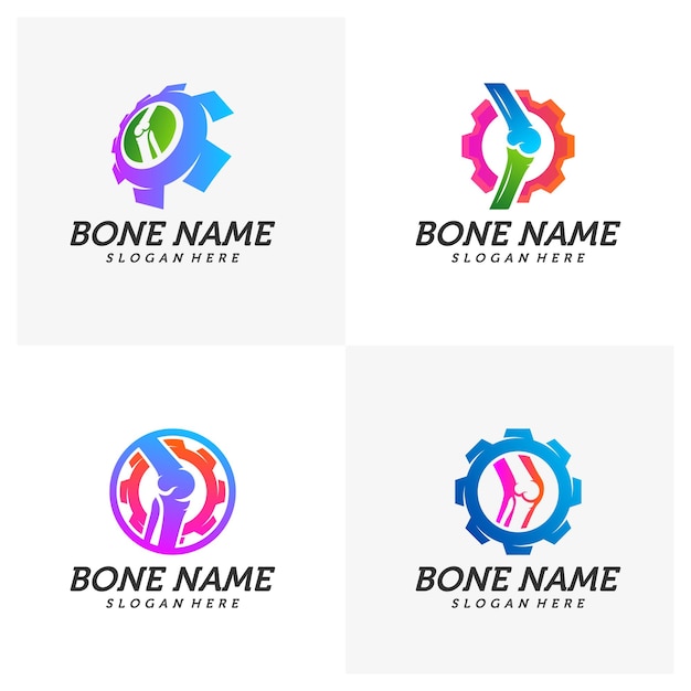 Набор шаблонов дизайна логотипа Gear Bone. Концепция Вектор здоровья человеческого тела. Значок символа эмблемы.