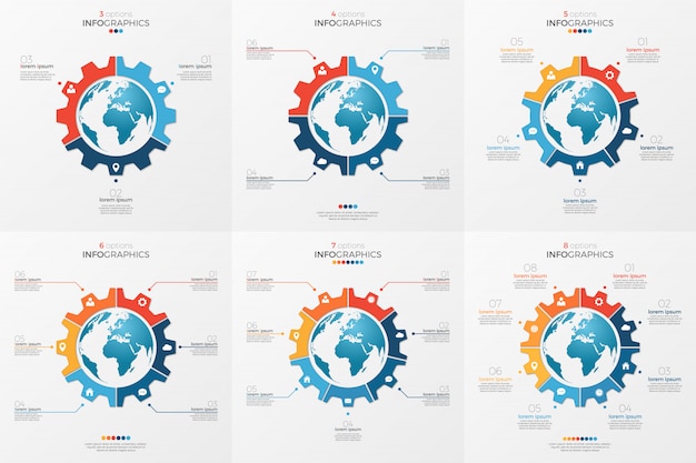 Vector set of gear wheel style chart template with globe inside