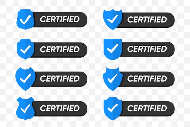 Set gecertificeerde badges schildpictogrammen in een plat ontwerp