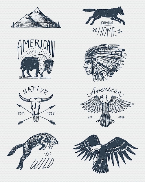 Vector set gegraveerde vintage handgetekende oude labels of badges voor camping wandelen jacht met bald eagle buffalo schedel wolf en bergen met rode huid indiase inheemse amerikaan