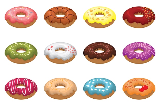 Vector set, geïsoleerde donuts in het glazuur.