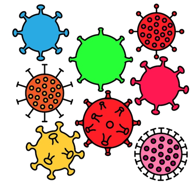 Set gekleurde iconen van medische virussen microben gevaarlijke dodelijke stam covid 019 coronavirus