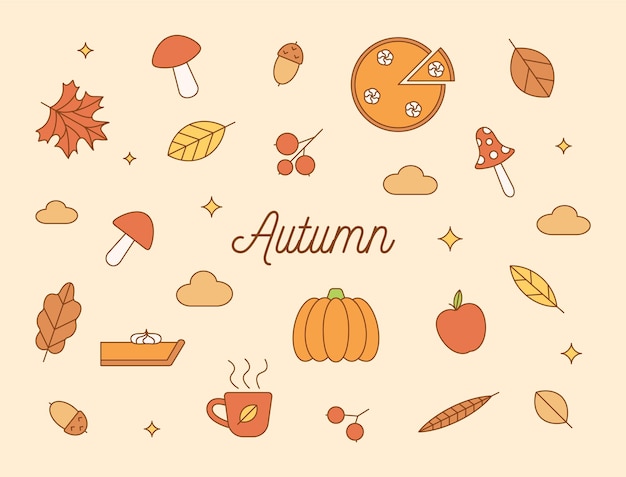 Set gekleurde lineaire herfst pictogrammen bladeren bessen paddestoelen pompoen taart mok met warme drank