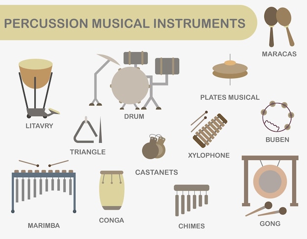 Set gekleurde percussie muziekinstrumenten Percussie-instrumenten met de naam
