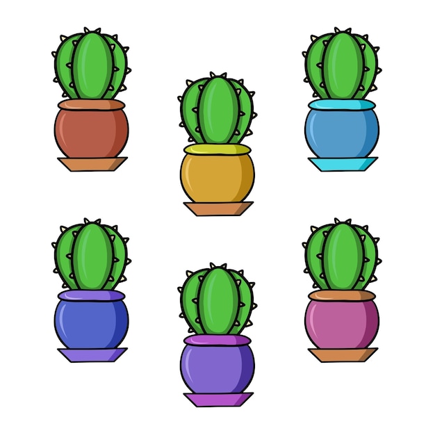 Set gekleurde pictogrammen ronde groene cactussen in verschillende keramische potten vector cartoon