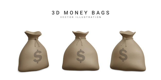 Set geldzakken in 3D-realistische stijl Zakelijk en financieel Zak met dollarteken Vectorillustratie