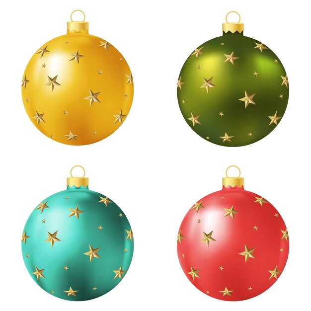 Vector set gele groene turquoise en rode kerstboom speelgoed of bal