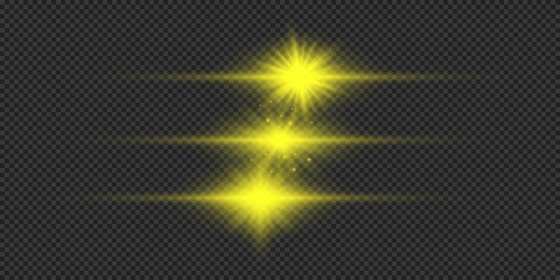 Set gele horizontale lichteffecten van lensflares