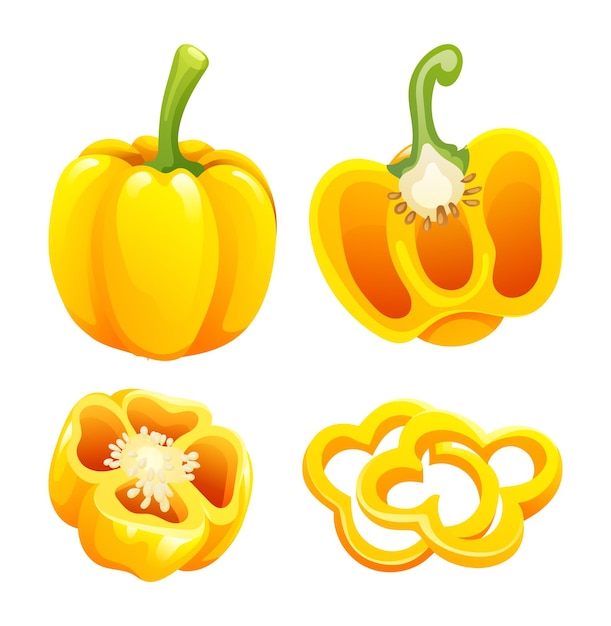 Vector set gele paprika hele helft en gesneden segment illustratie geïsoleerd op een witte achtergrond