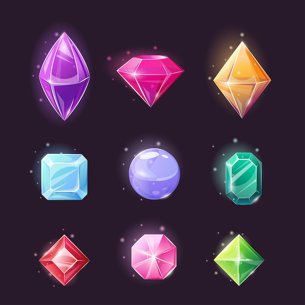 Set of gems, collection magical crystals of various shapes.