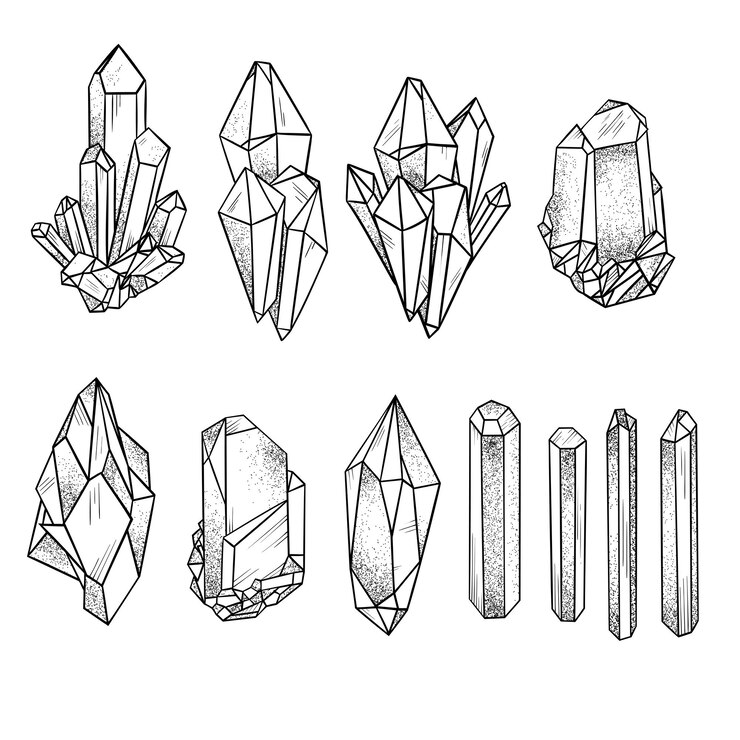 Vector set of geometric black outline crystals vector illustration isolated on white