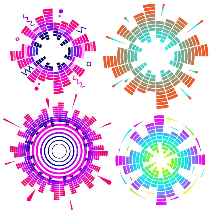 Vector set of geometric circular neon equalizer. colorful eq round audio soundwaves.