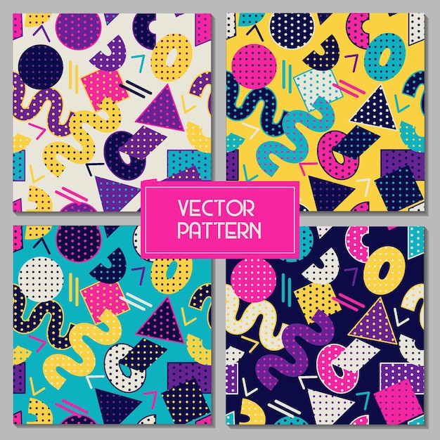 Set of geometric colorful shapes memphis design seamless repeat vector pattern