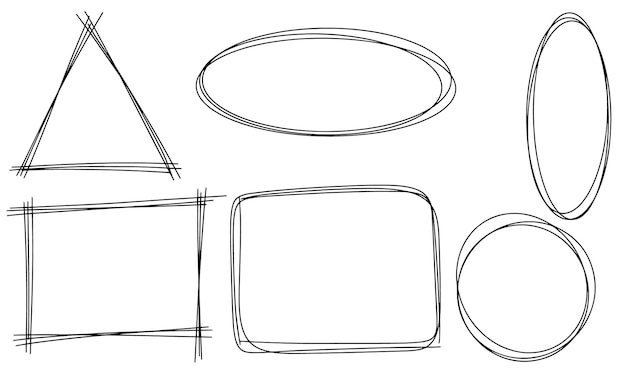 幾何学的なフレームのセット。手描きのシンプルなフレームの楕円形、正方形、長方形、円形、三角形、楕円形。