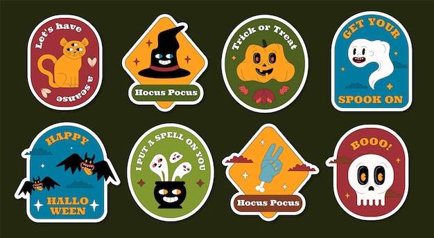 A set of geometric Halloween stickers with funny and scary characters and quotes Trendy outlined style