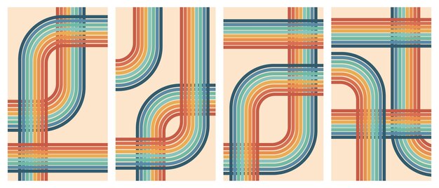 Set of geometric retro backgrounds with rainbow Trendy groovy print design for posters cards