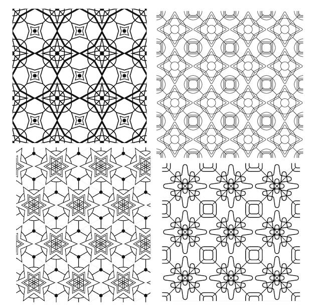 Набор геометрических бесшовных векторных абстрактных черно-белых узоров с формами и элементами.