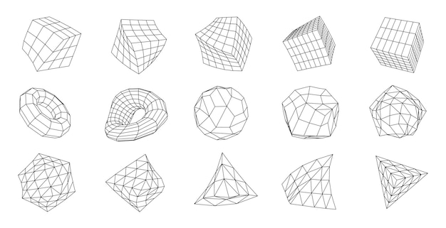 A set of geometric shapes from a wireframe A collection of miscellaneous objects for use in HUD design Network line concept Creative abstract geometric shapes Vector illustration