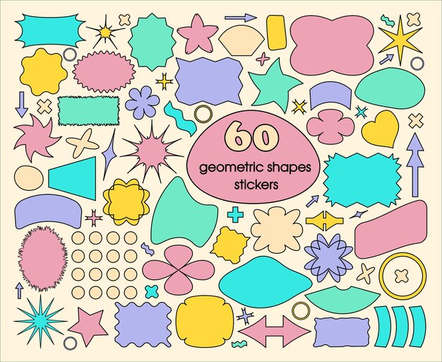 A set of geometric shapes highlighted A collection of retro graphic elements.Memphis colored sticker