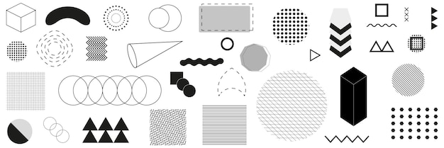 웹 빈티지 광고 상업에 대 한 기하학적 모양 멤피스 디자인 복고풍 요소 집합
