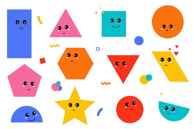 Set of geometric shapes with face emotions Cute comic characters in funny cartoon kids style