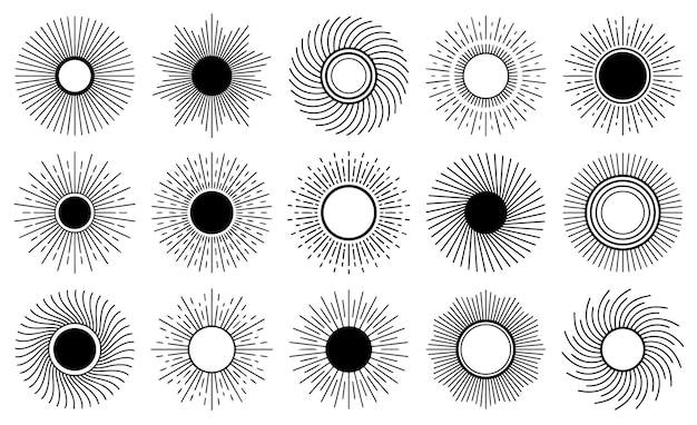 Set di raggi solari geometrici elementi di disegno vettoriale su sfondo bianco