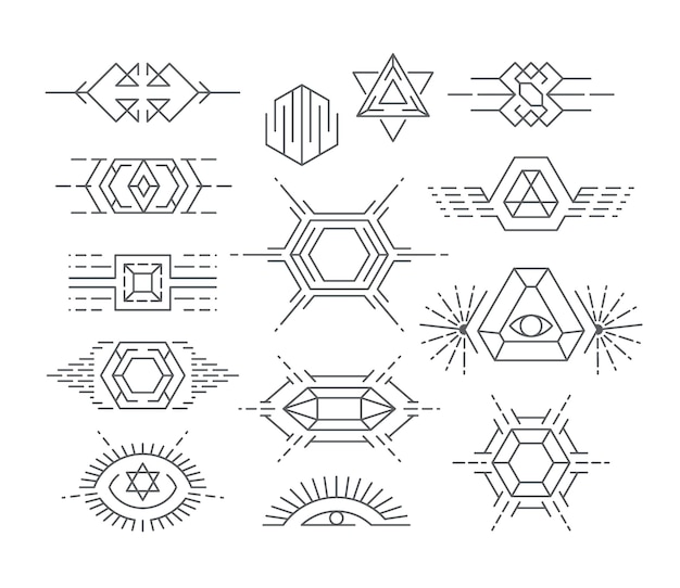 Set of geometric symbols, linear logotypes and design elements.