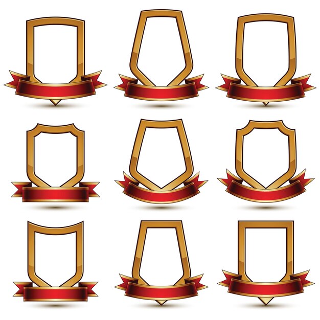 Vector set of geometric vector glamorous golden elements isolated on white backdrop, 3d polished lockets, protection shields with red ribbon.  decorative branded symbols collection.