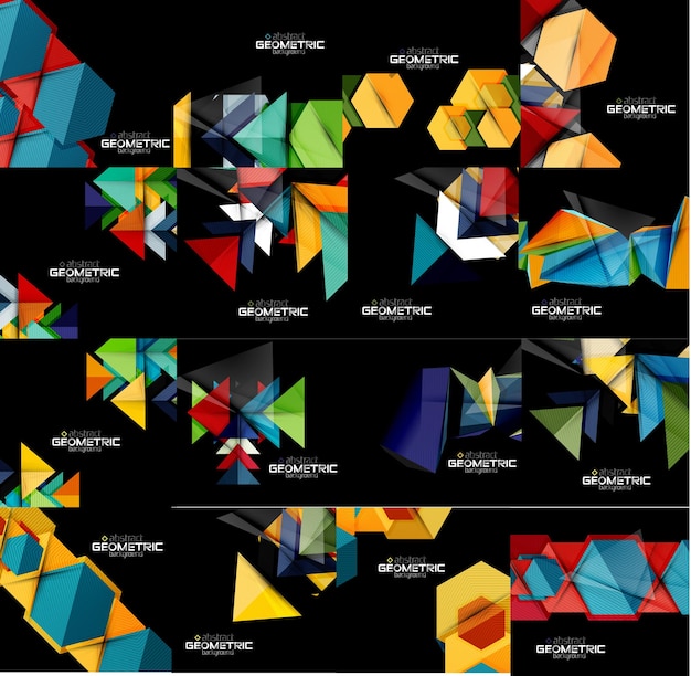 Set of geometrical abstract black backgrounds with multicolored shapes