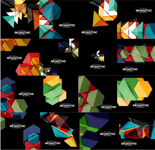 Set of geometrical abstract black backgrounds with multicolored shapes