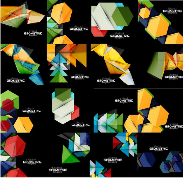 Vector set geometrische abstracte zwarte achtergronden met veelkleurige vormen