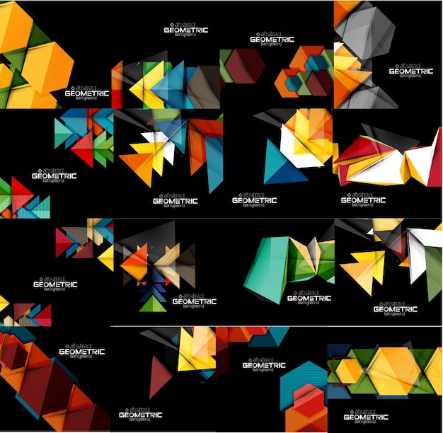 Set geometrische abstracte zwarte achtergronden met veelkleurige vormen