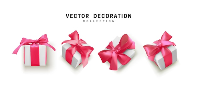 Set geschenkdoos. Collectie realistisch cadeau presenteert weergave boven-, zijaanzicht. Viering decoratie-objecten. Geïsoleerd op witte achtergrond. vectorillustratie