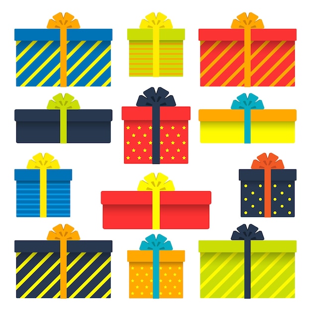 Set geschenkdozen met linten bogen strepen Vector illustratie