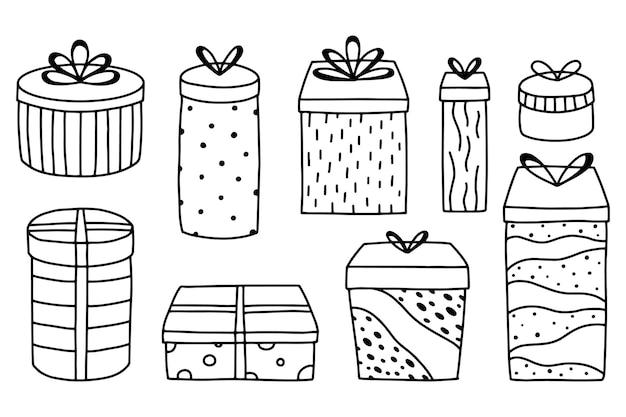 Set geschenken in doodle-stijl Verjaardags- en kerstcadeaus Verzameling geschenken met strikken Vectorillustratie