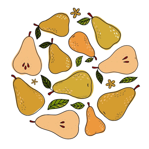 Vector set geschetste peren en bladeren