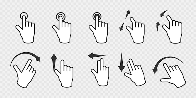 Set of gesture hands icons in black Touch computer hand icons