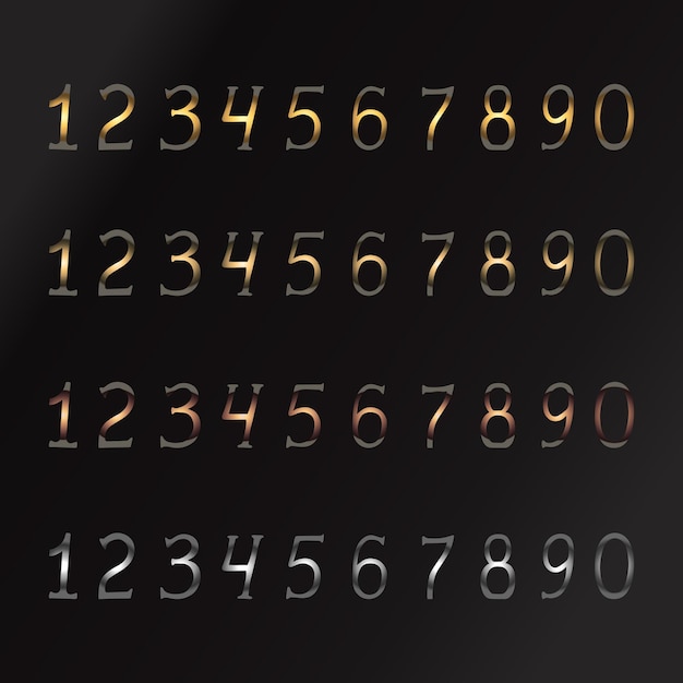 Set getallen van nul tot negen in verschillende metaalkleuren