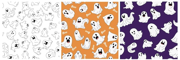 Set of ghost seamless pattern Hand drawn doodle ghosts pattern Vector illustration