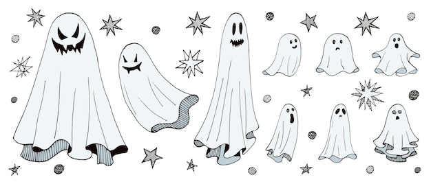 Set of ghosts flying phantoms for Halloween vector illustration hand drawn n