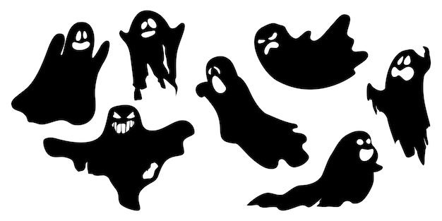 Set of ghosts silhouette horror characters cute outline funny boo ghost leaf halloween character